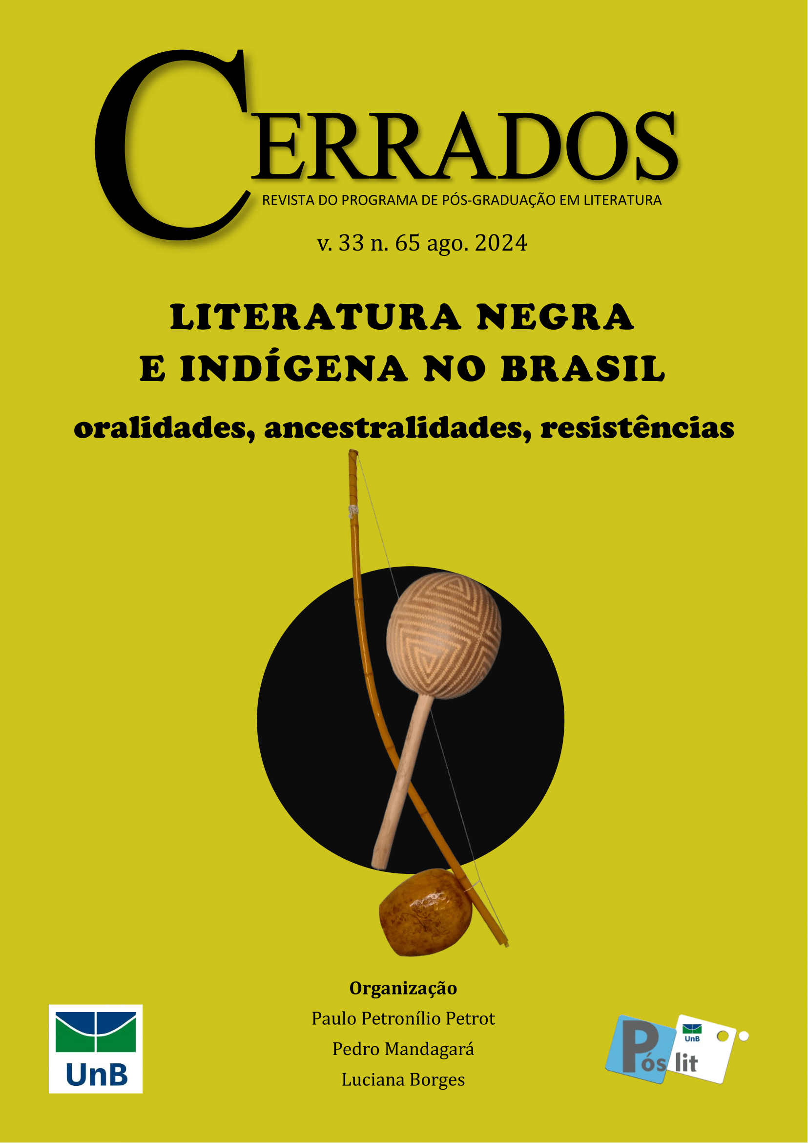 Capa da revista Cerrados. No centro, a imagem de um berimbau e de uma maraca indígena se encontram com um cínculo negro ao fundo.